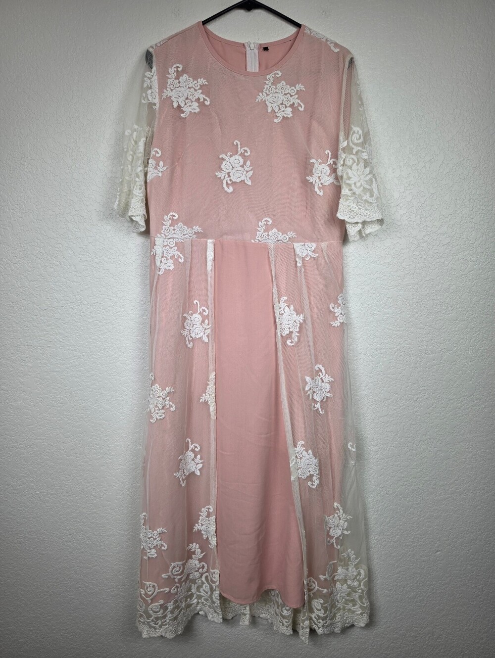 Vintage Pink White Lace Midi Dress with Sheer Floral Overlay